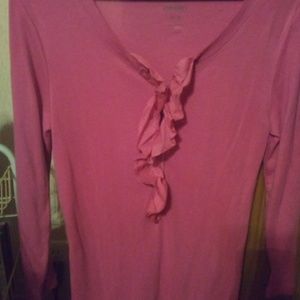 Old Navy LS pink ruffle front top, size medium